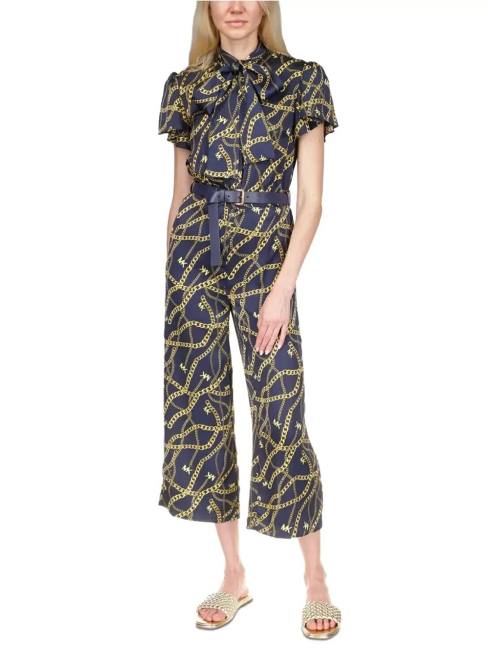 Michael Kors Navy & Gold Chain Print Wide-Leg Jumpsuit with Tie Neck (Medium)
